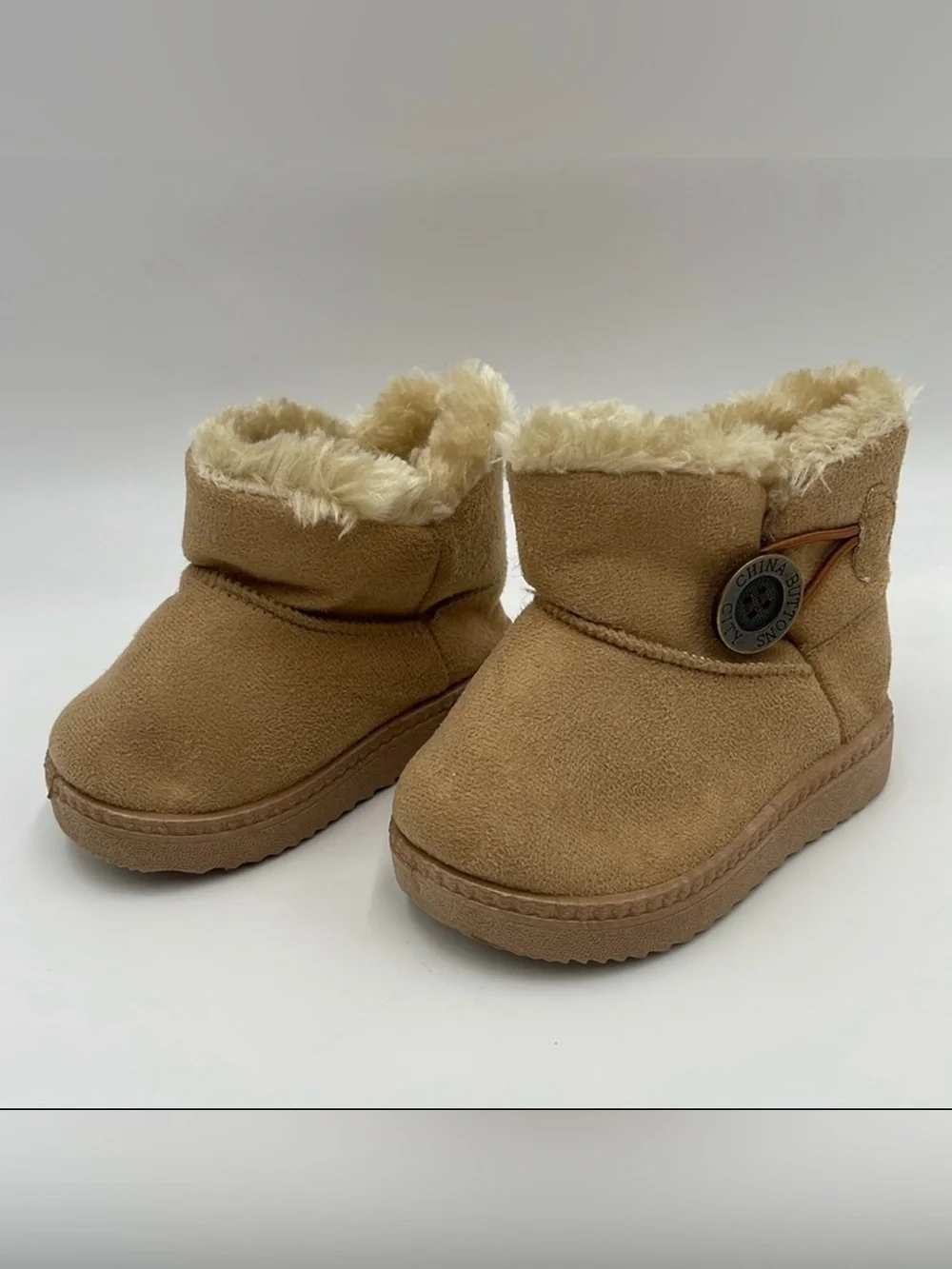 China Buttons City Toddler Girls Boots, Tan, Fleece Lined Size 2